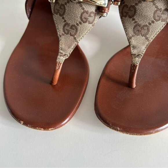 Gucci Horsebit Brown Leather and GG Canvas Slide Sandals Size 8.5B - Picture 5 of 10
